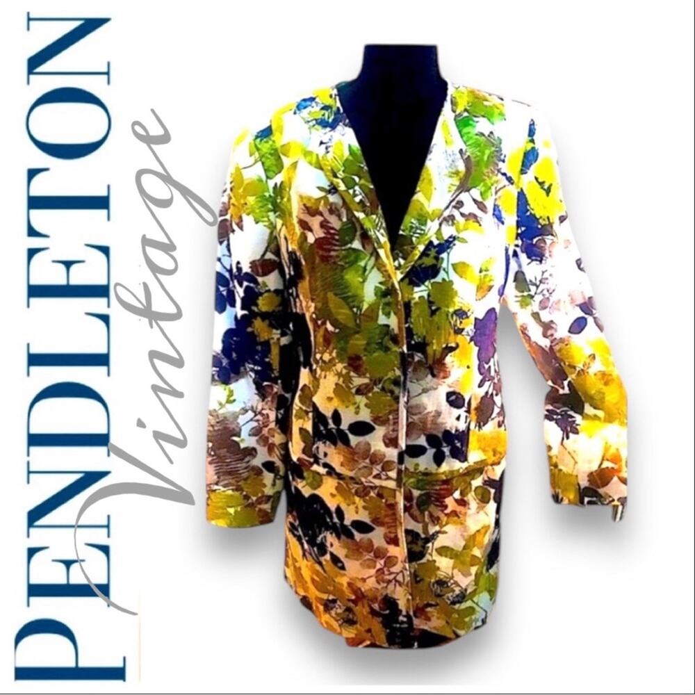 PENDLETON Vintage Citron Green and Taupe Floral Longer Duster Jacket SZ S